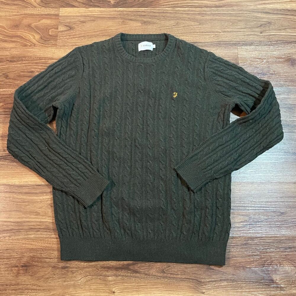 Farah Crew Neck Cable Knit Sweater Long Sleeve Men Size LG Wool Alpaca Polyamide